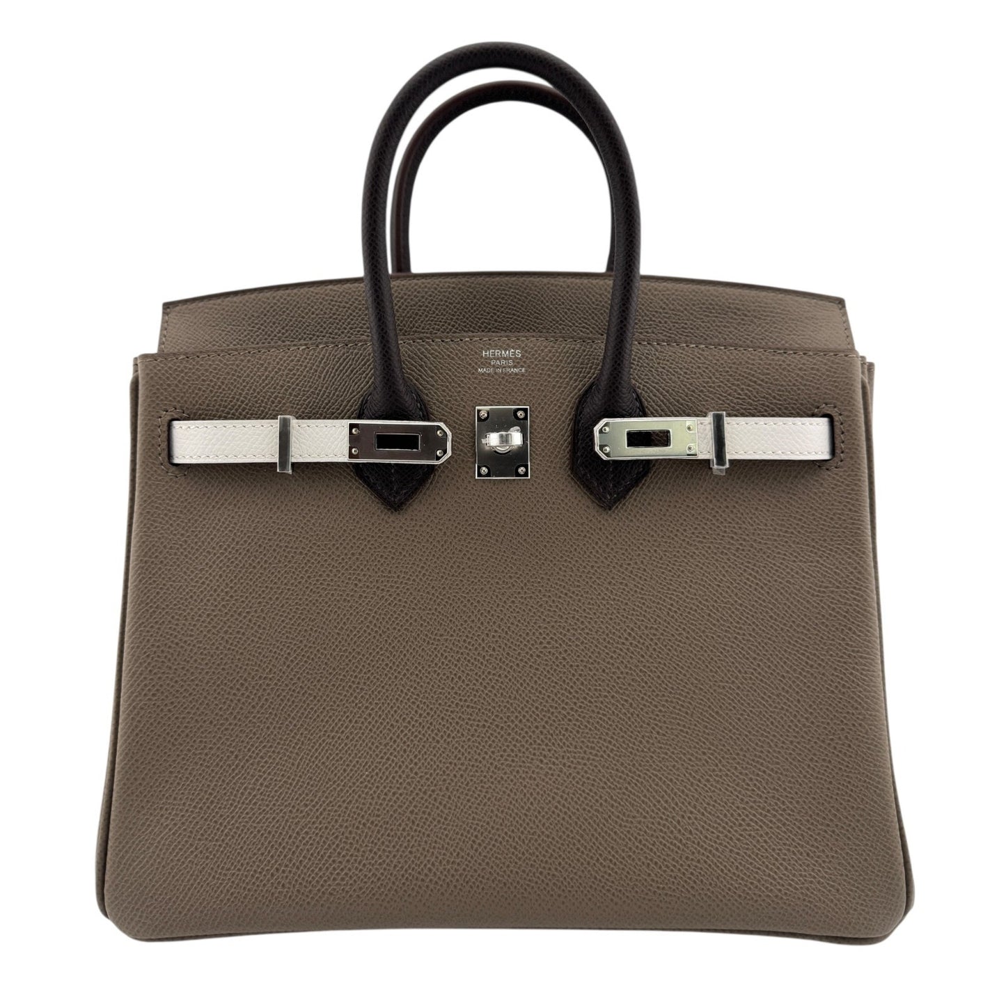 Hermes Birkin 25 Tri Color Etoupe Gris Pale Ebene Epsom Leather Palladium HWR