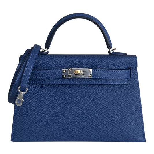 Hermes Kelly Mini 20 Blue Tie Epsom Leather Electrum Gold Palladium Hardware NEW