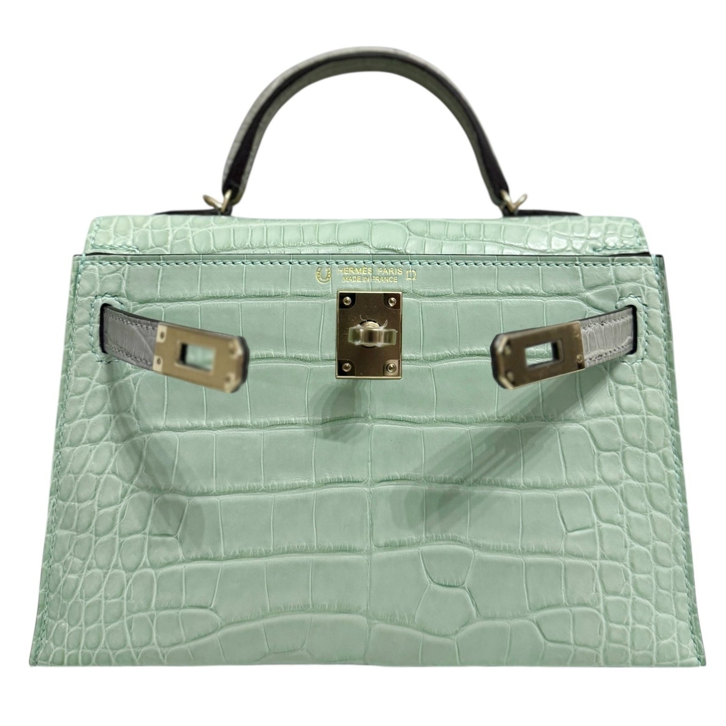 Hermes Kelly Mini 20 Special Order Matte Alligator Vert D'eau & Gris Perle Gray