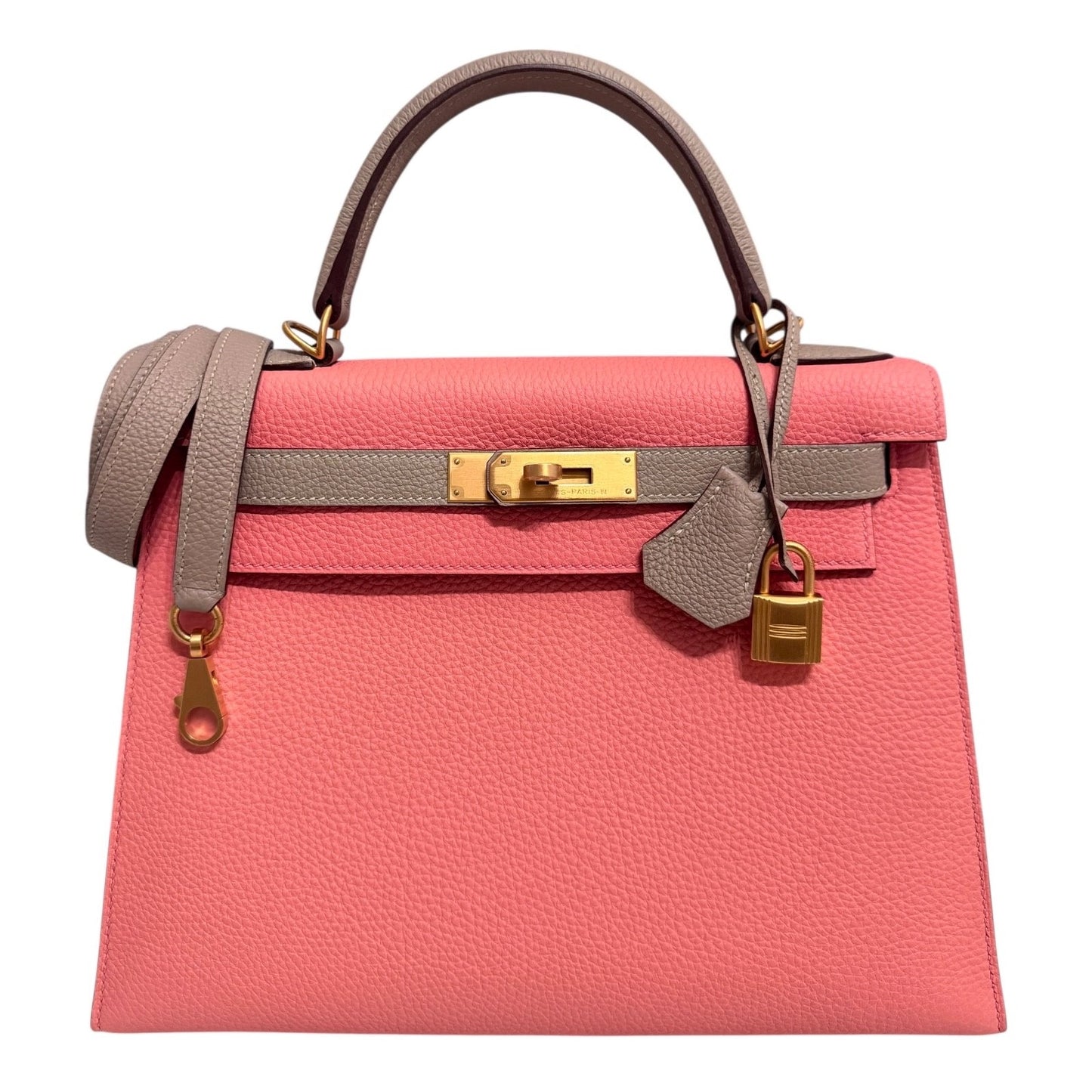 Hermes Kelly 28 Sellier Special Order Pink Rose Lipstick Gris Tourterelle Togo Leather Brushed Gold Hardware
