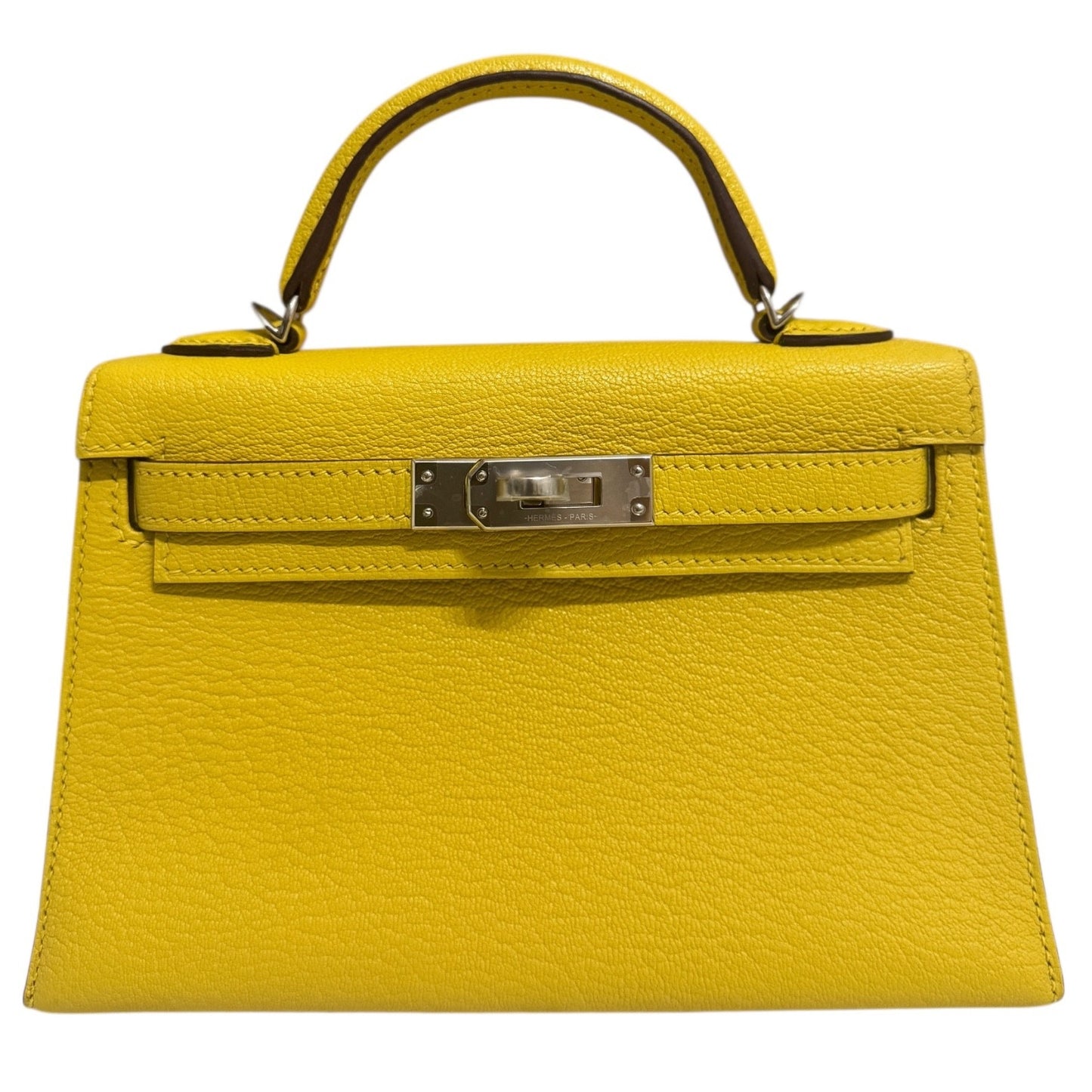 Hermes Kelly Mini 20 Verso Jaune Naples Gris Perle Chèvre Leather Palladium HWR