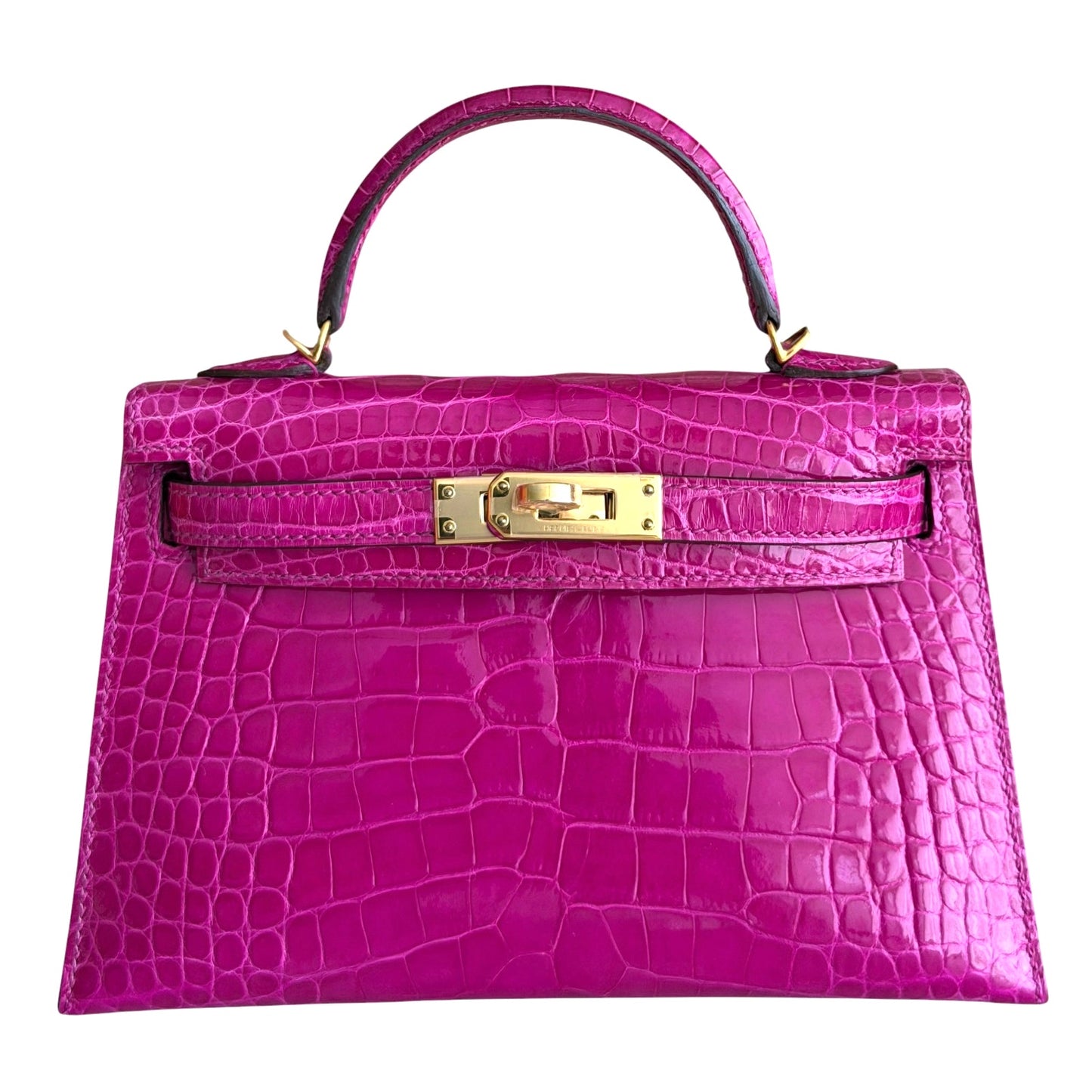 Hermes Kelly Mini 20 Shinny Alligator Leather Rose Scheherazade Gold Hardware