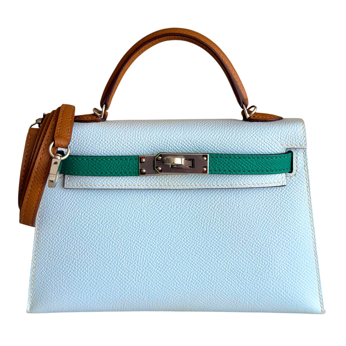 Hermes Mini Kelly Tri Color Blue Brume, Vert Jade, Gold Epsom Palladium Hardware