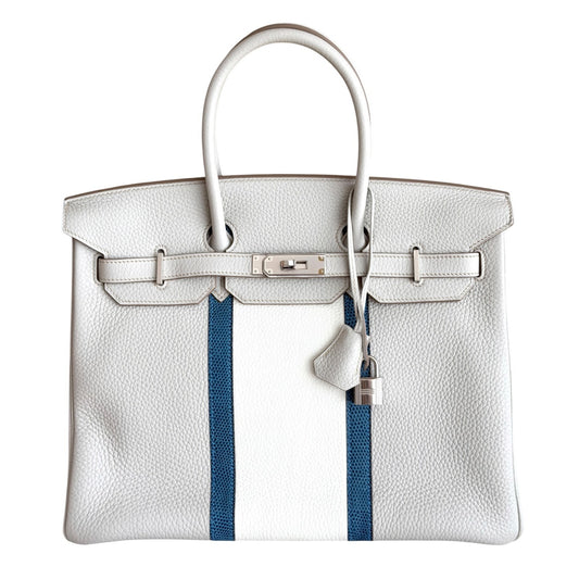 Hermes Birkin 35 Club Gris Perle White Togo Leather Lizard Palladium Hardware