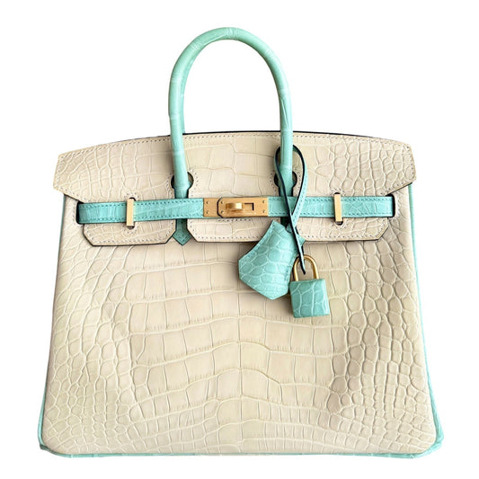 Hermes Birkin 25 Special Order Matte Alligator Vanille & Vert D'eau Brushed Gold