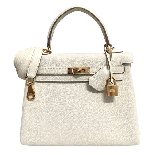 Hermes Kelly 25 Mushroom Gray White Togo Leather Gold Hardware