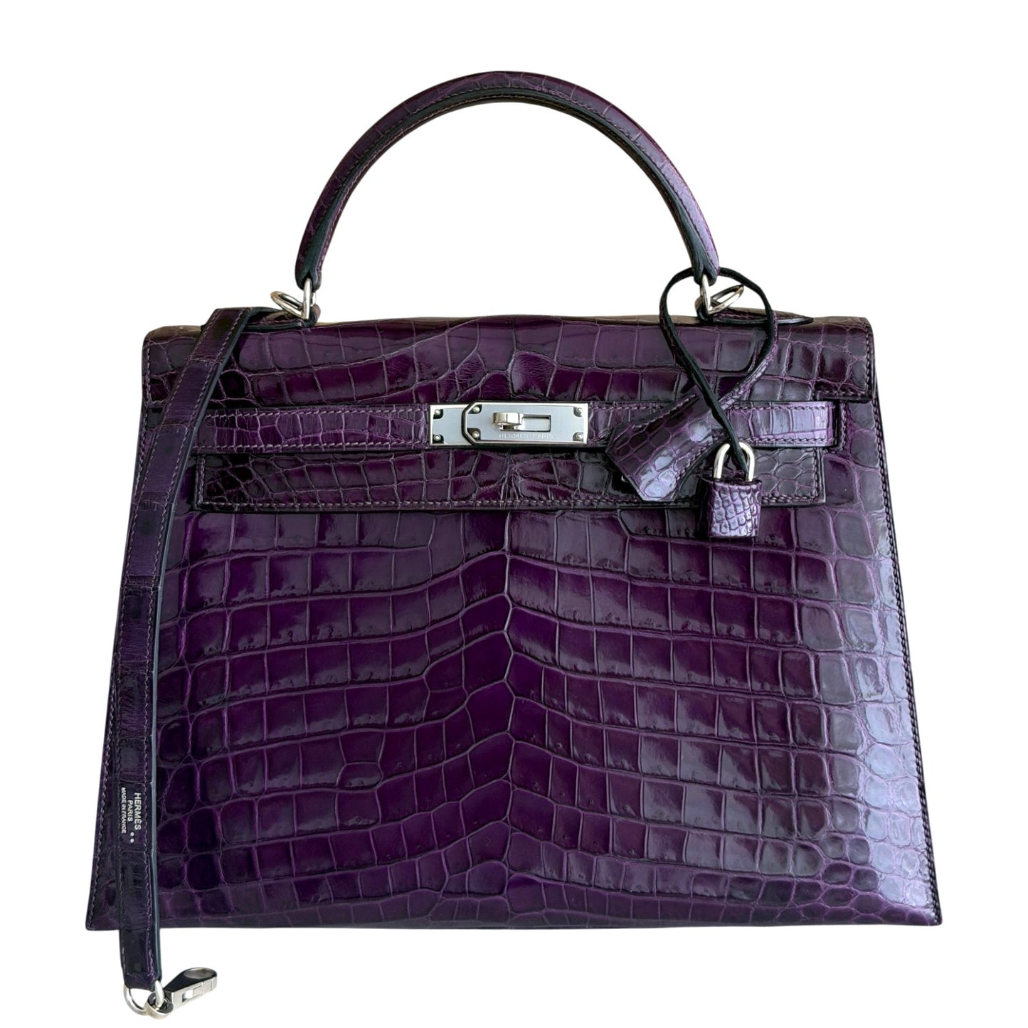 Hermes Kelly 32 Shiny Crocodile Amethyst Purple Palladium Hardware