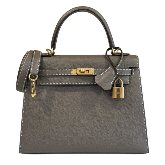 Hermes Kelly 25 Sellier Etoupe Gray Epsom Leather Gold Hardware
