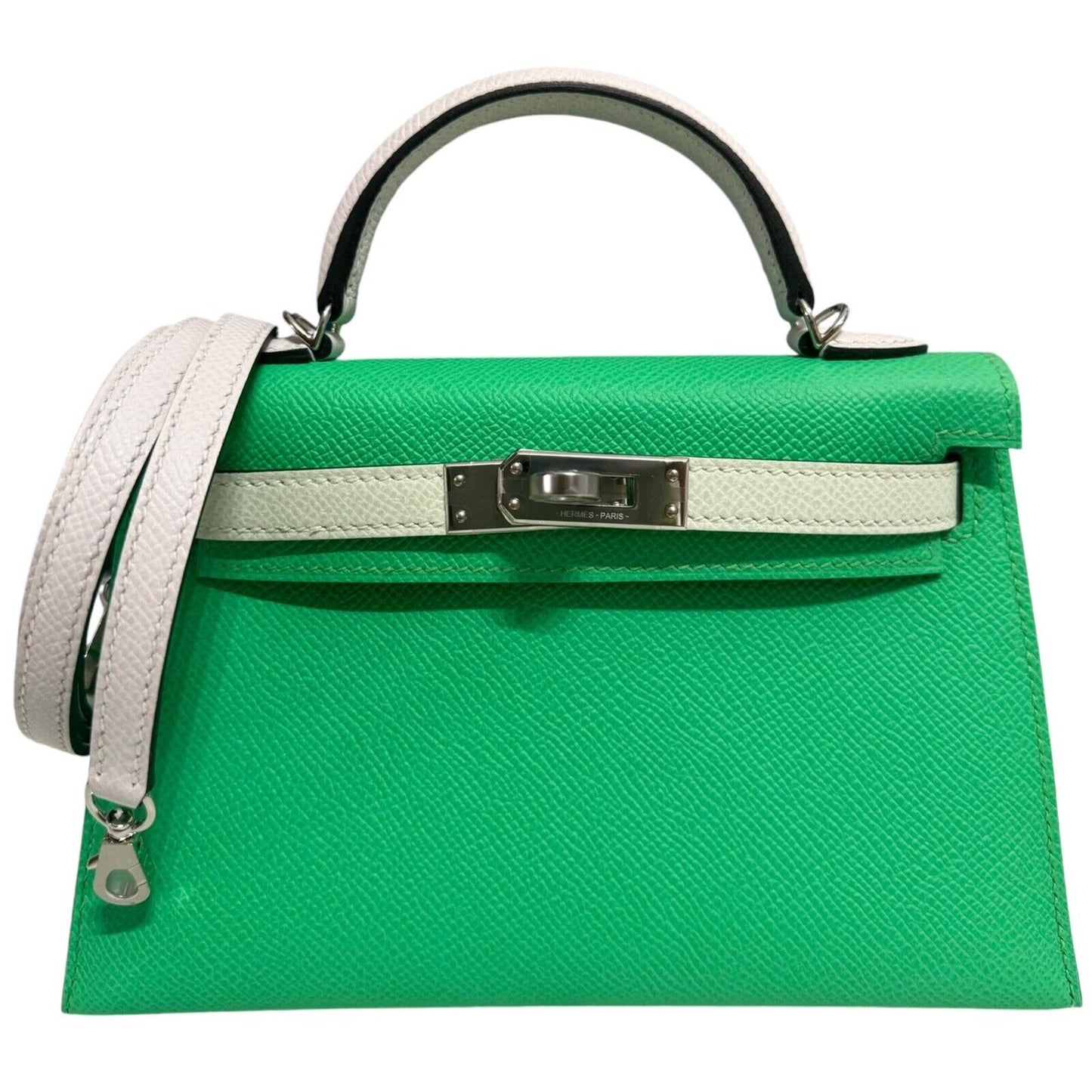 Hermes Kelly Mini 20 Vert Comics Vert Fizz & Gris Pale Epsom Leather Palladium