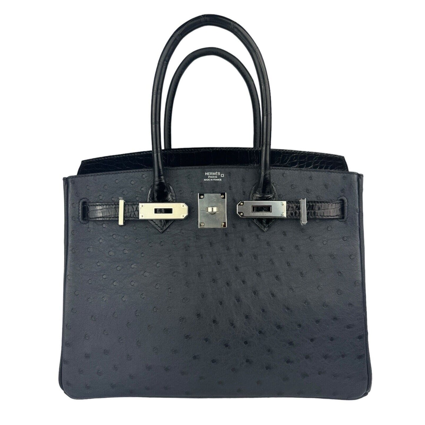 Hermes Birkin 30 Touch Blue Indigo Ostrich Black Crocodile Palladium Hardware