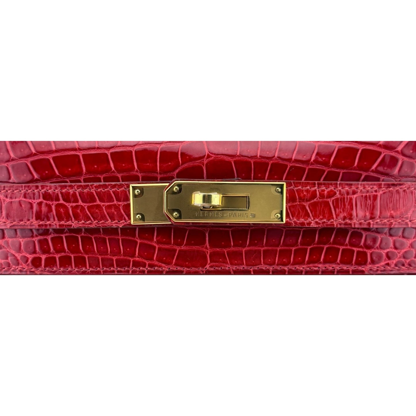 Hermes Kelly 28 Sellier Braise Red Porosus Crocodile Leather Gold Hardware