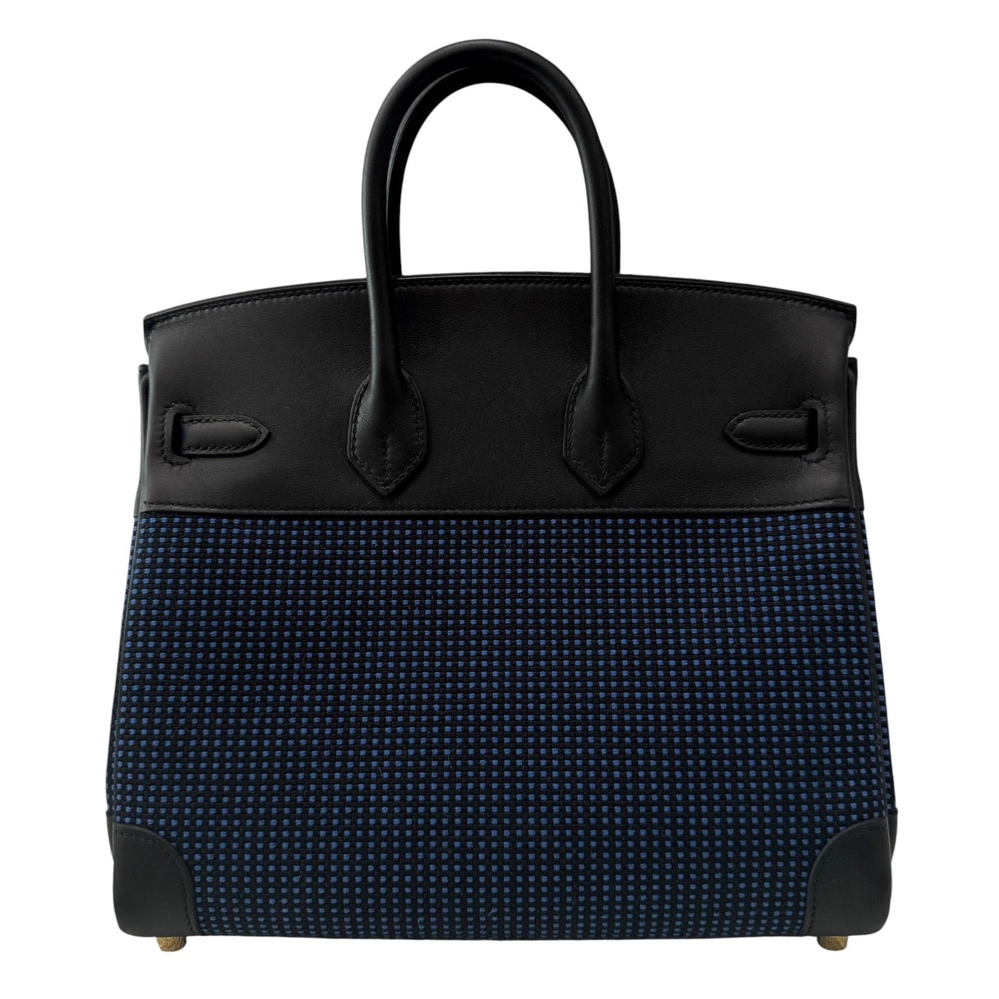 Hermes Birkin 25 Quadrille Black Noir Leather Blue Egee Toile Gold Hardware RARE