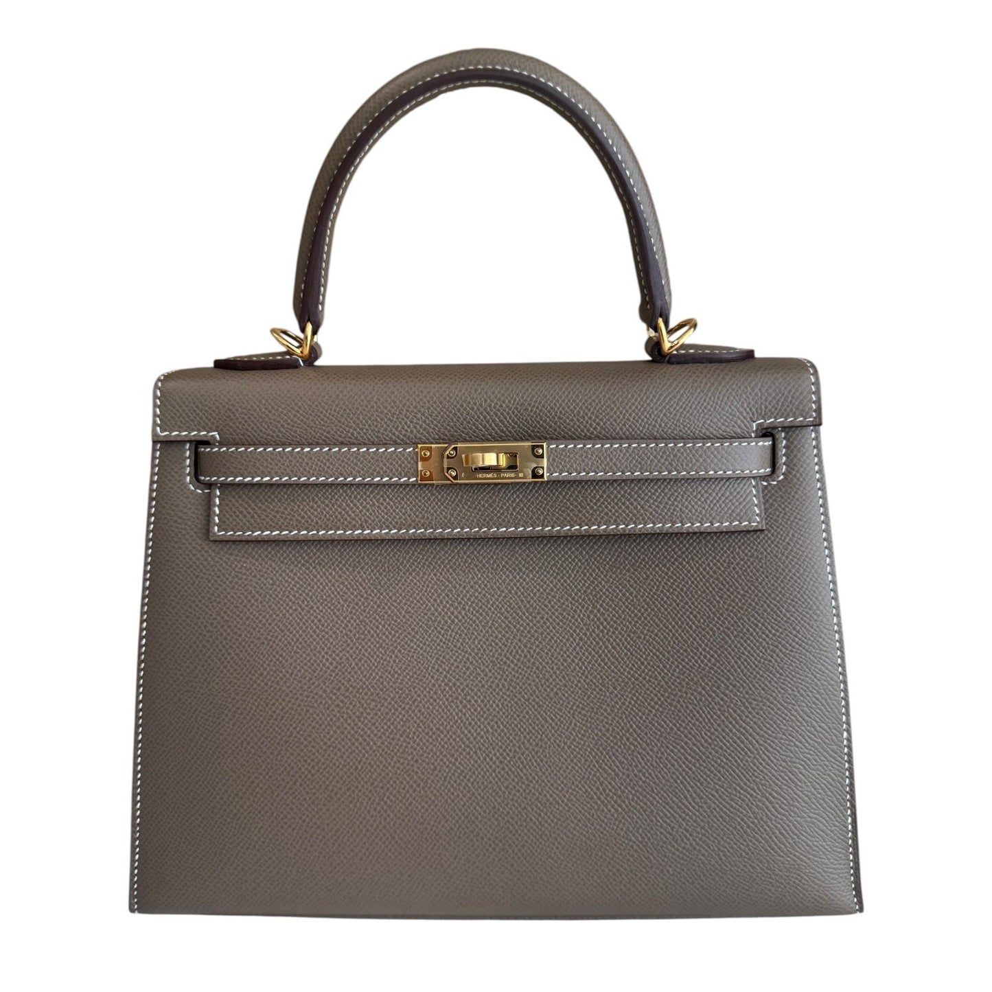 Hermes Kelly 25 Sellier Etoupe Gray Epsom Leather Gold Hardware