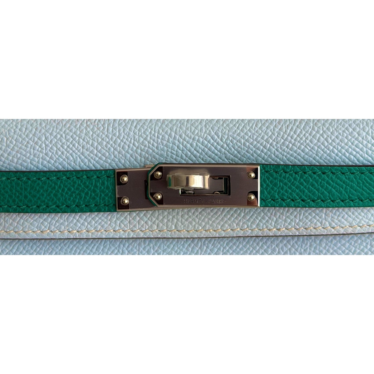 Hermes Mini Kelly Tri Color Blue Brume, Vert Jade, Gold Epsom Palladium Hardware