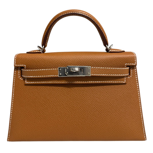 Hermes Kelly Mini 20 Gold Tan Epsom Leather 2 Shoulder Straps Palladium Hardware