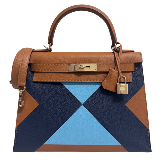 Hermes Kelly 28 Sellier Limited Kellygraphie Gold, Blue Celeste, Indigo Epsom