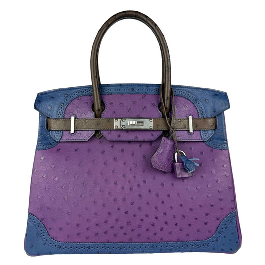 Hermes Birkin 30 Limited Ostrich Ghillies Violet, Blue de Malte & Marron d’Inde