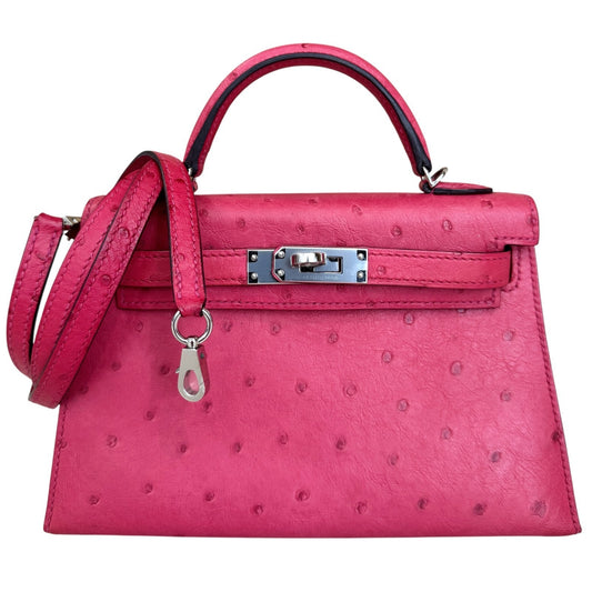 Hermes Kelly Mini 20 Rose Tyrien Pink Ostrich Leather Palladium Hardware RARE