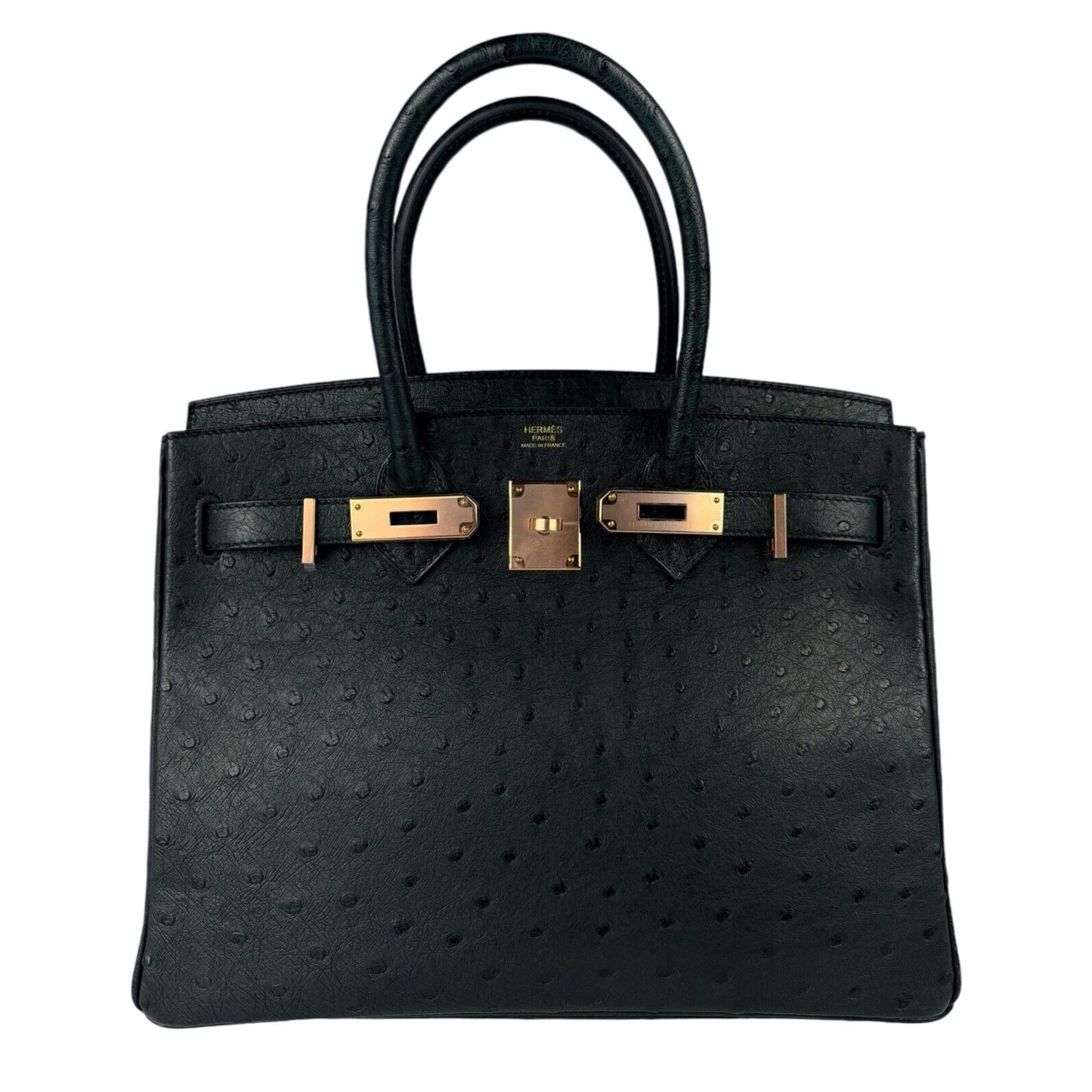 Hermes Birkin 30 Ostrich Black Noir Rose Gold Hardware RARE