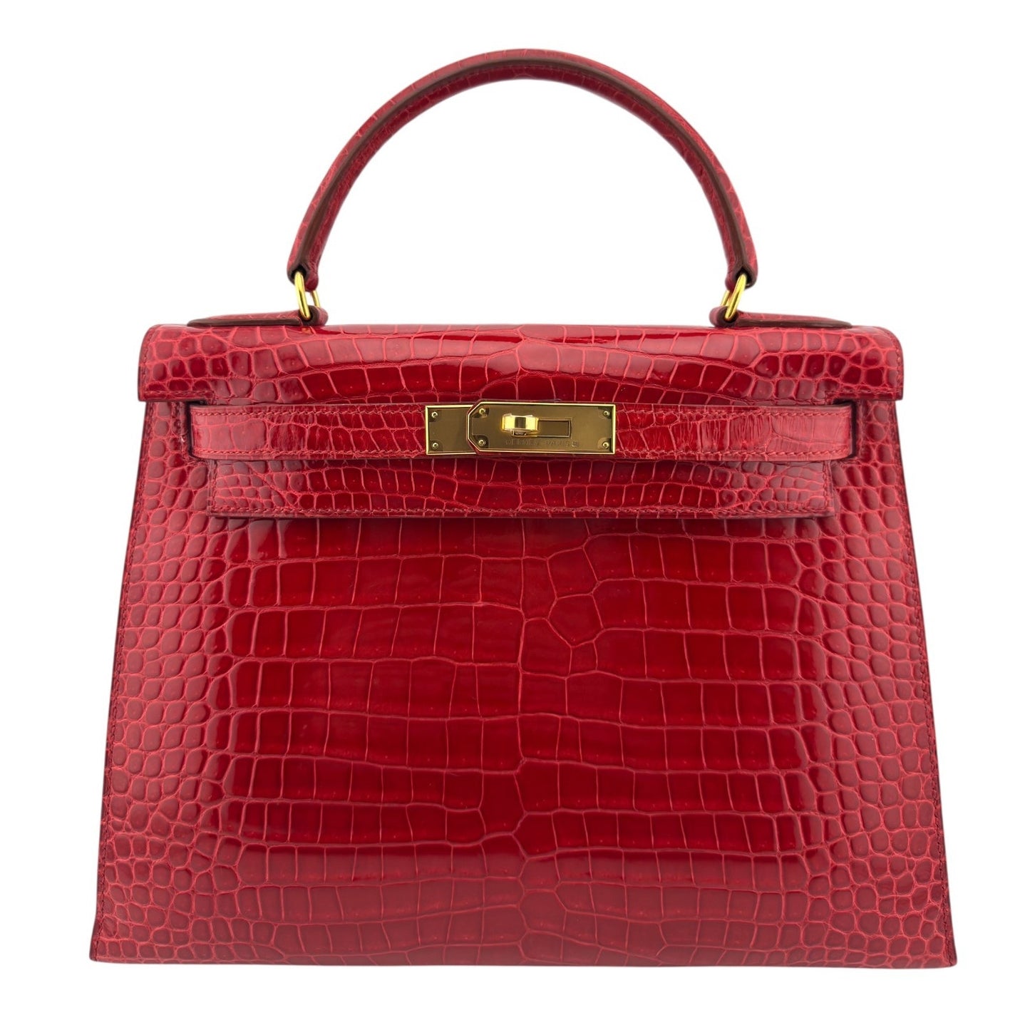 Hermes Kelly 28 Sellier Braise Red Porosus Crocodile Leather Gold Hardware