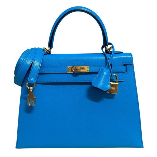 Hermes Kelly 25 Sellier Blue Frida Bleu Chevre Chamkila Leather Gold Hardware