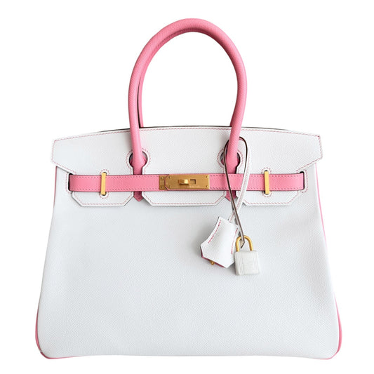 Hermes Birkin 30 Special Order White Rose Confetti Pink Epsom Brushed Gold HWR