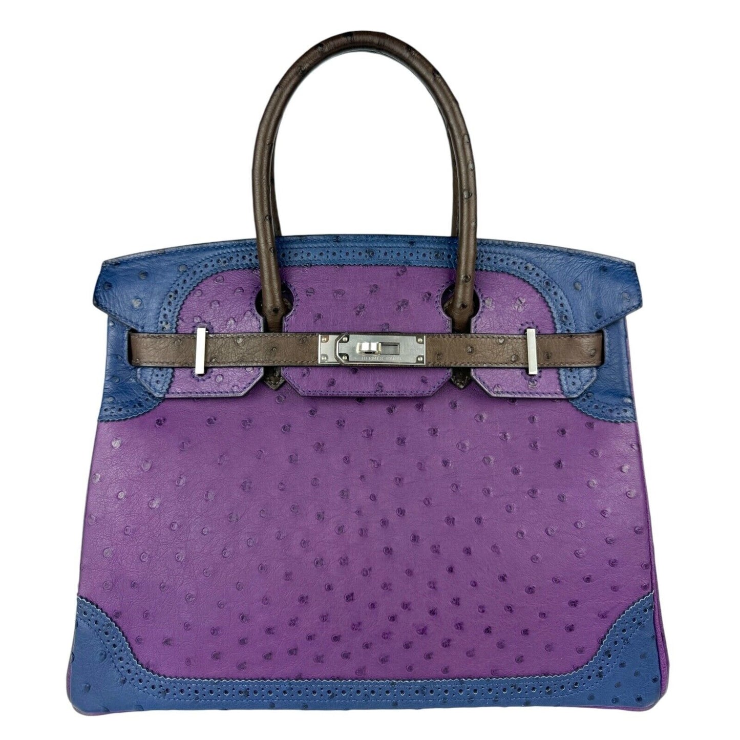 Hermes Birkin 30 Limited Ostrich Ghillies Violet, Blue de Malte & Marron d’Inde