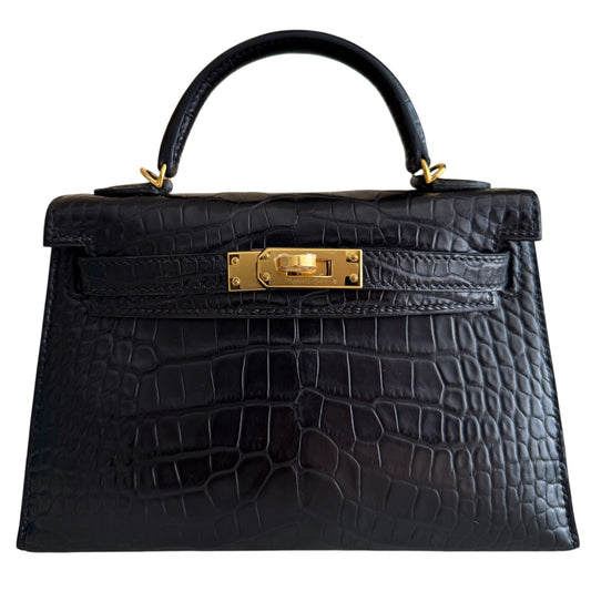 Hermes Kelly Mini 20 Matte Alligator Leather Black Noir Gold Hardware