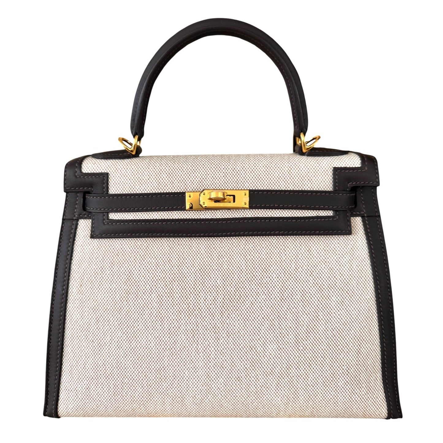 NEW Hermes Kelly 25 Bai Brun Brown Leather Toile Ecru Beige Toile Gold Hardware