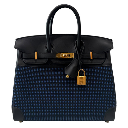 Hermes Birkin 25 Quadrille Black Noir Leather Blue Egee Toile Gold Hardware RARE