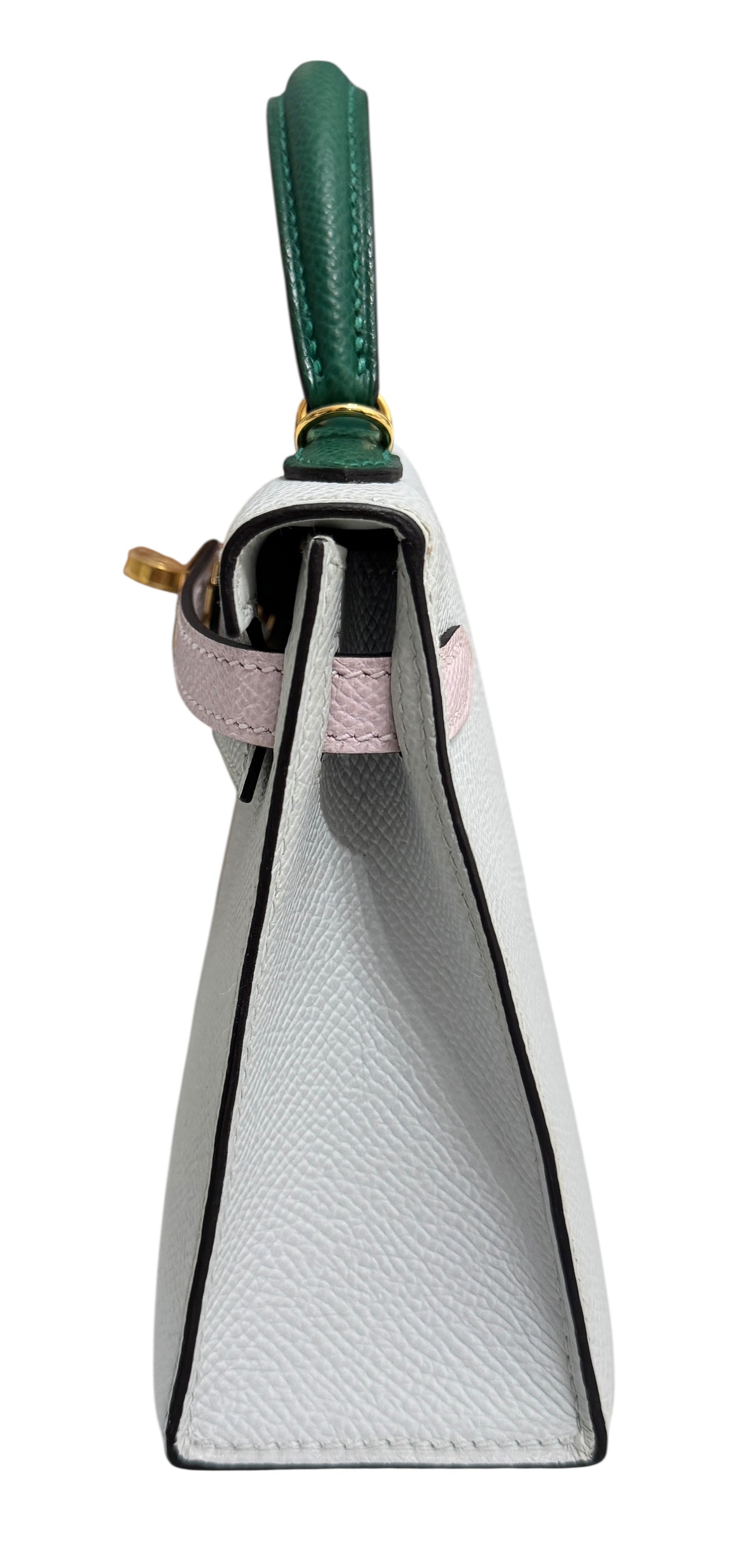 Hermes Mini Kelly Tri Color Gris Patine Mauve Pale and Vert Moyen Epsom Gold Hardware