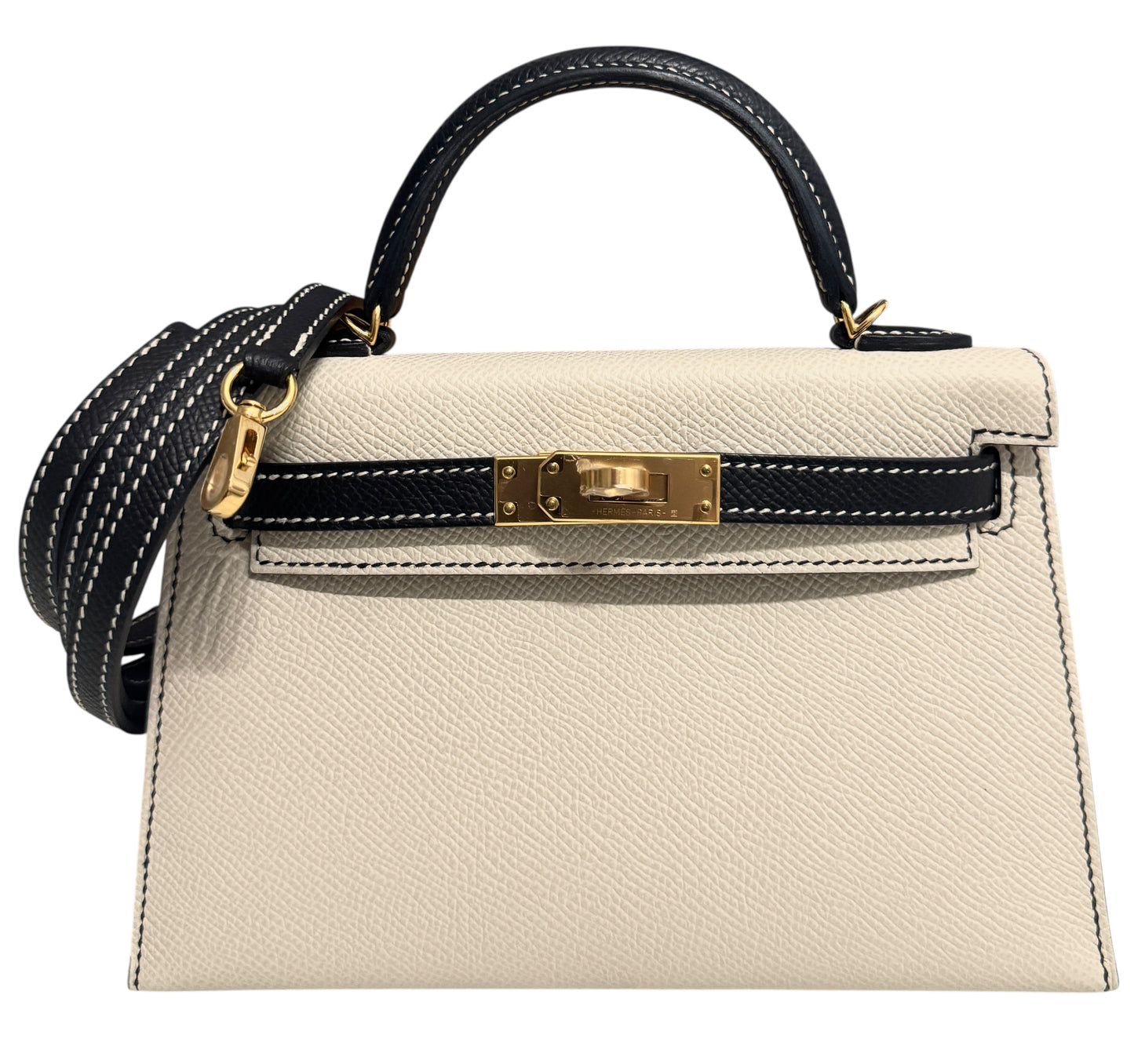 Hermes Mini Kelly Special Order Craie Black Epsom Leather Gold Hardware Rare
