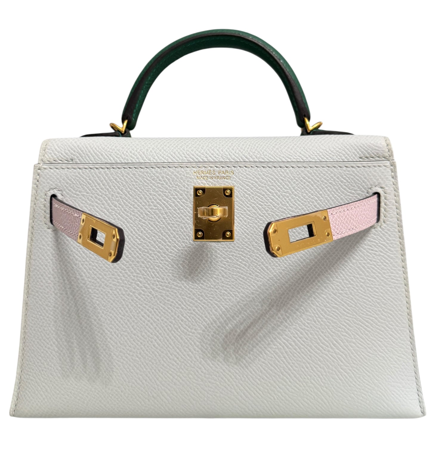 Hermes Mini Kelly Tri Color Gris Patine Mauve Pale and Vert Moyen Epsom Gold Hardware
