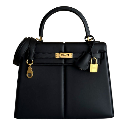 Hermes Kelly 25 Sellier Black Noir Padded Leather Gold Hardware Limited Edition