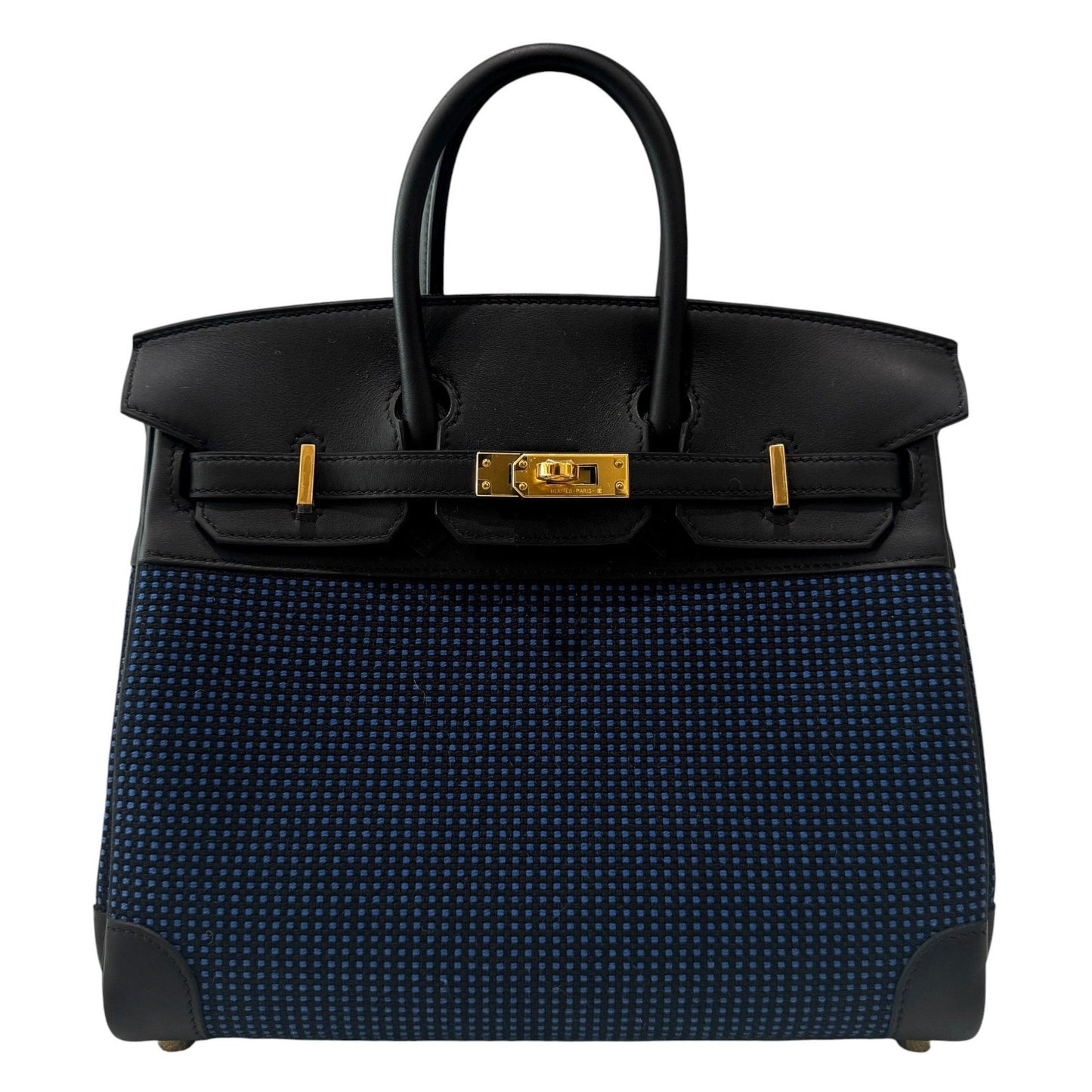 Hermes Birkin 25 Quadrille Black Noir Leather Blue Egee Toile Gold Hardware RARE