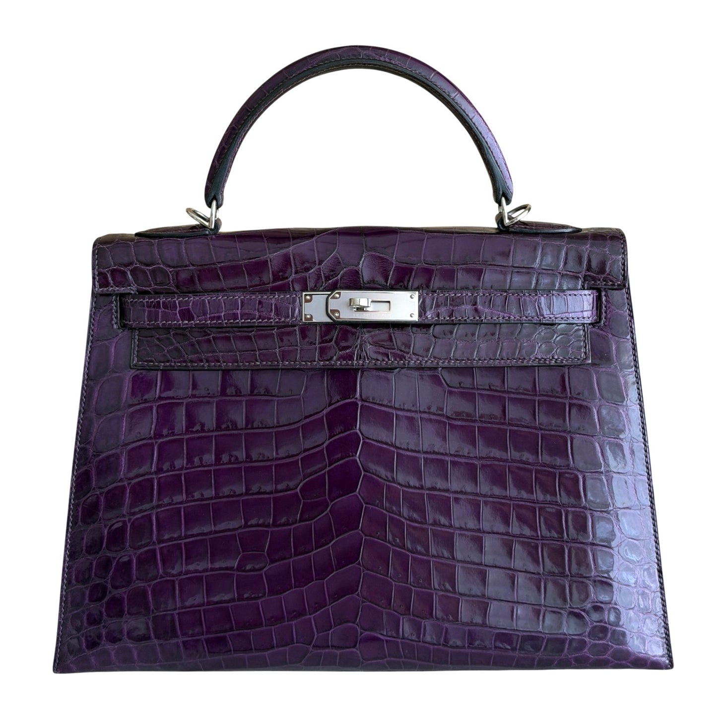 Hermes Kelly 32 Shiny Crocodile Amethyst Purple Palladium Hardware
