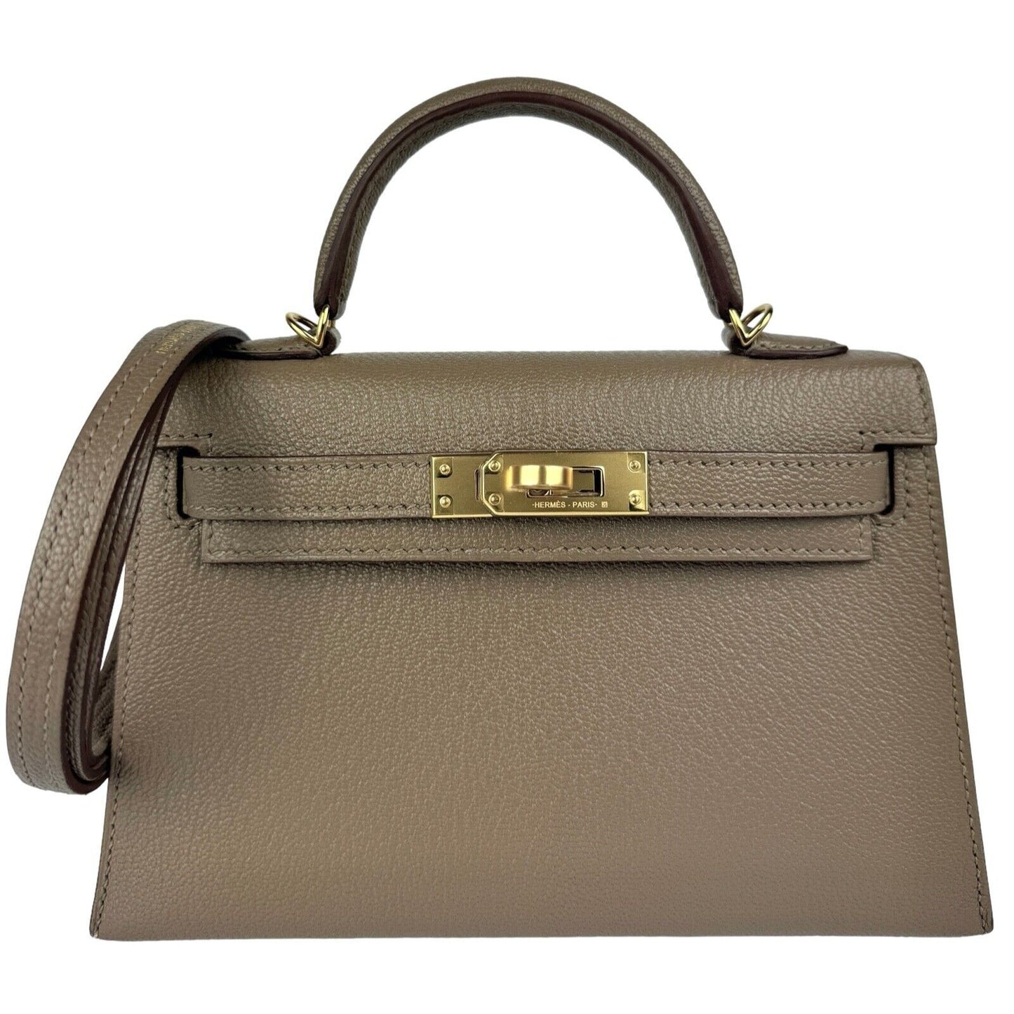 Hermes Kelly Mini 20 Special Order Etoupe Gray & Gris Chèvre Leather Gold Hwr