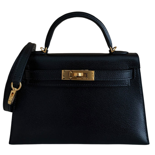 Hermes Kelly Mini 20 Black Noir Chevre Coromandel Leather Gold Hardware