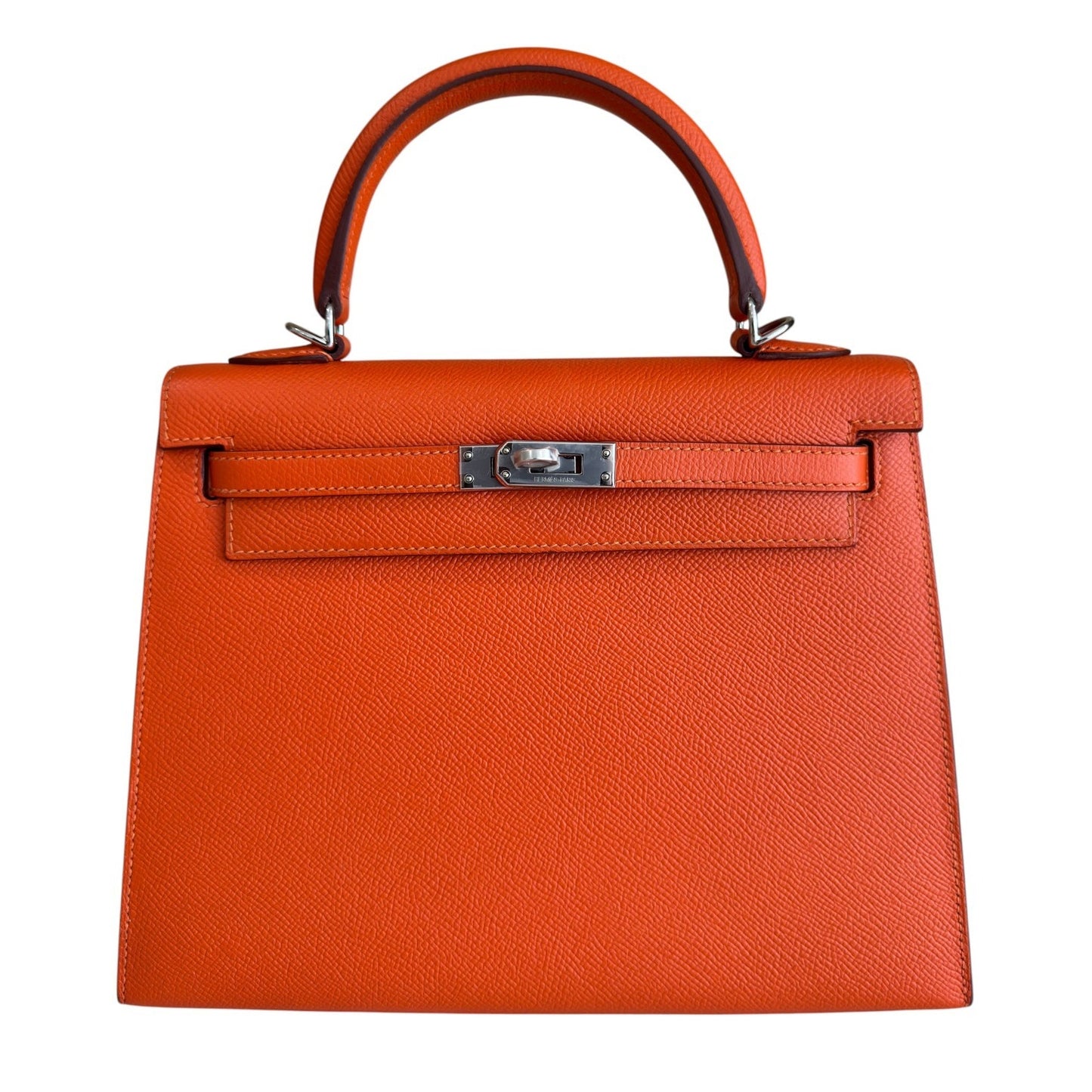 Hermes Kelly 25 Sellier Feu Orange Epsom Leather Palladium Hardware RARE