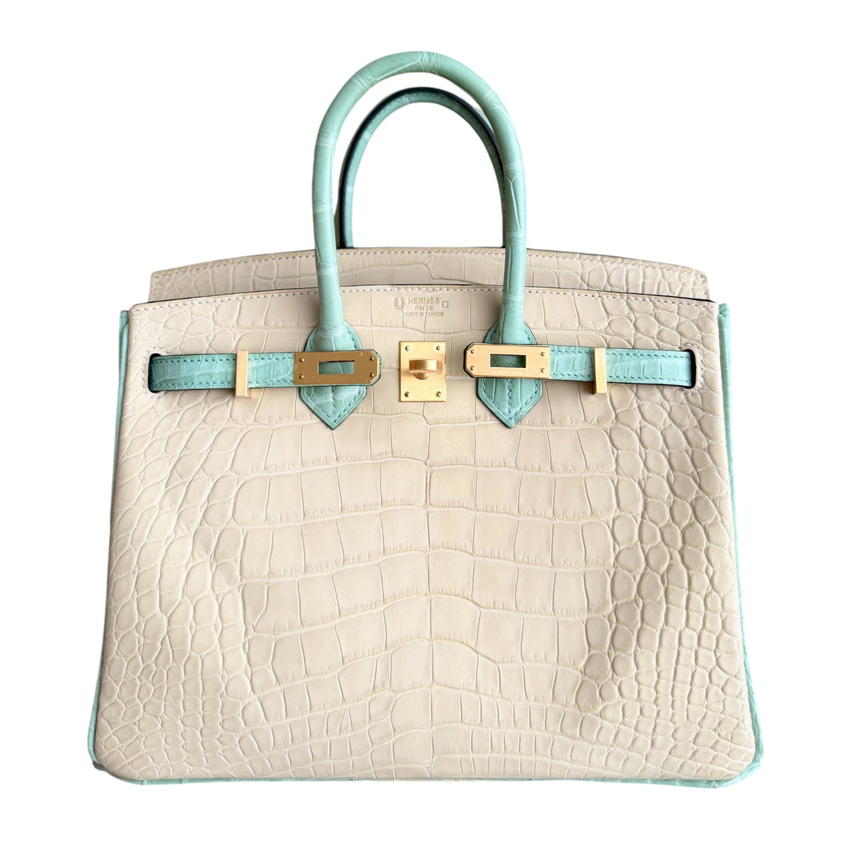 Hermes Birkin 25 Special Order Matte Alligator Vanille & Vert D'eau Brushed Gold