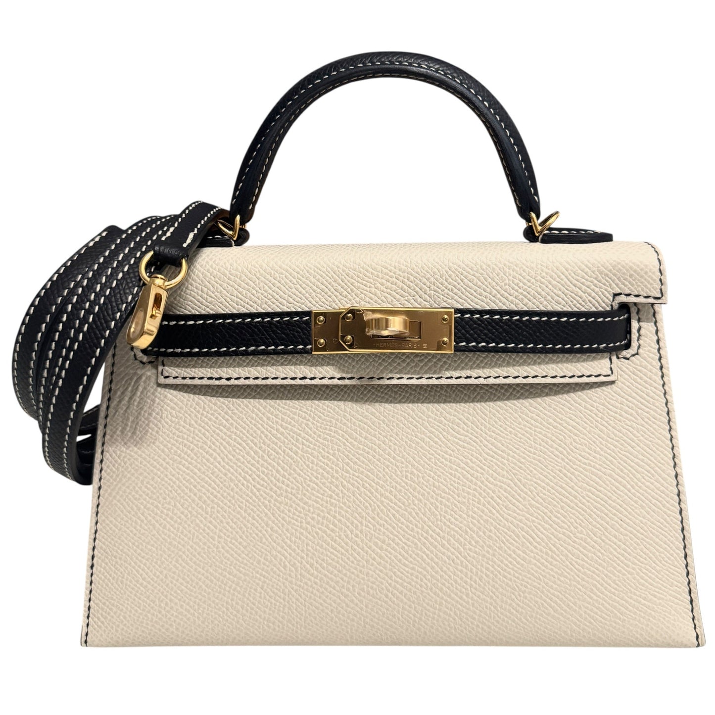 Hermes Mini Kelly Special Order Craie Black Epsom Leather Gold Hardware Rare