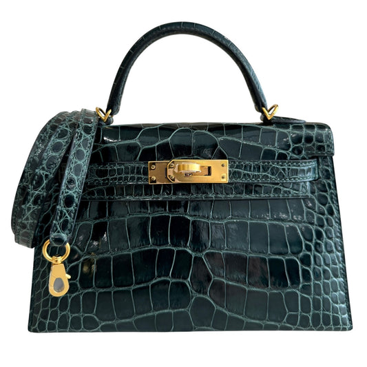 Hermes Kelly Mini 20 Shinny Alligator Leather Vert Cypress Green Gold Hardware