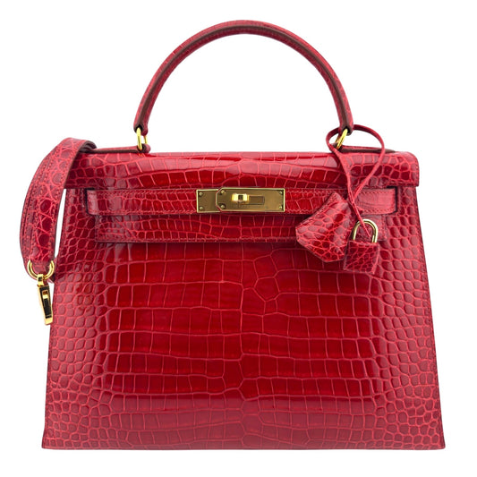 Hermes Kelly 28 Sellier Braise Red Porosus Crocodile Leather Gold Hardware