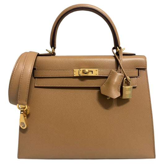 Hermes Kelly 25 Sellier Verso Biscuit & Mushroom Madame Leather Gold Hardware