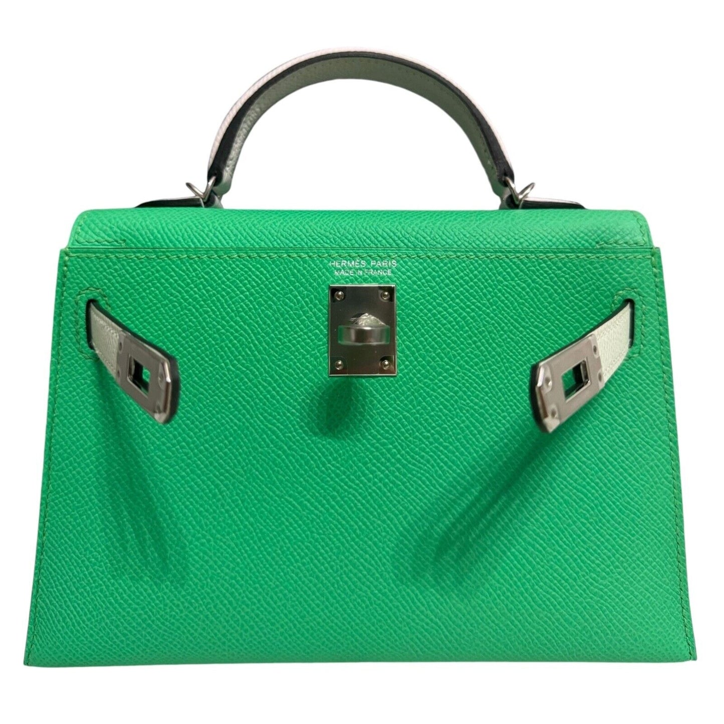 Hermes Kelly Mini 20 Vert Comics Vert Fizz & Gris Pale Epsom Leather Palladium