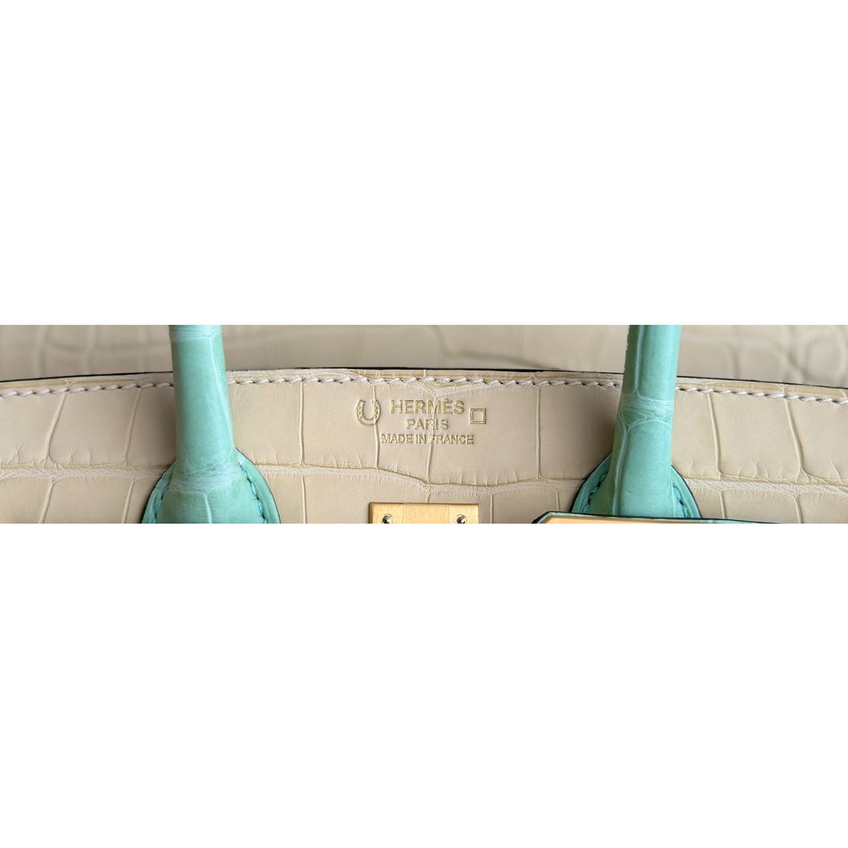 Hermes Birkin 25 Special Order Matte Alligator Vanille & Vert D'eau Brushed Gold