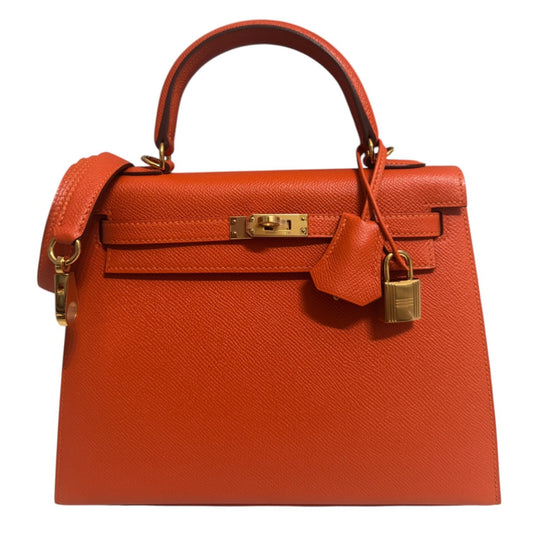Hermes Kelly 25 Sellier Feu Orange Epsom Leather Gold Hardware