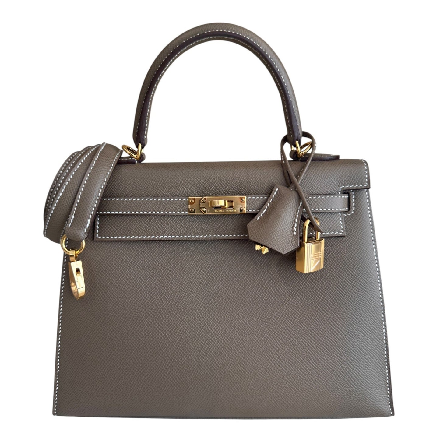 Hermes Kelly 25 Sellier Etoupe Gray Epsom Leather Gold Hardware