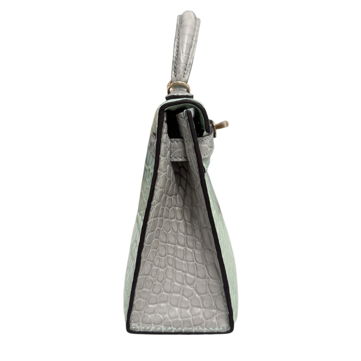 Hermes Kelly Mini 20 Special Order Matte Alligator Vert D'eau & Gris Perle Gray