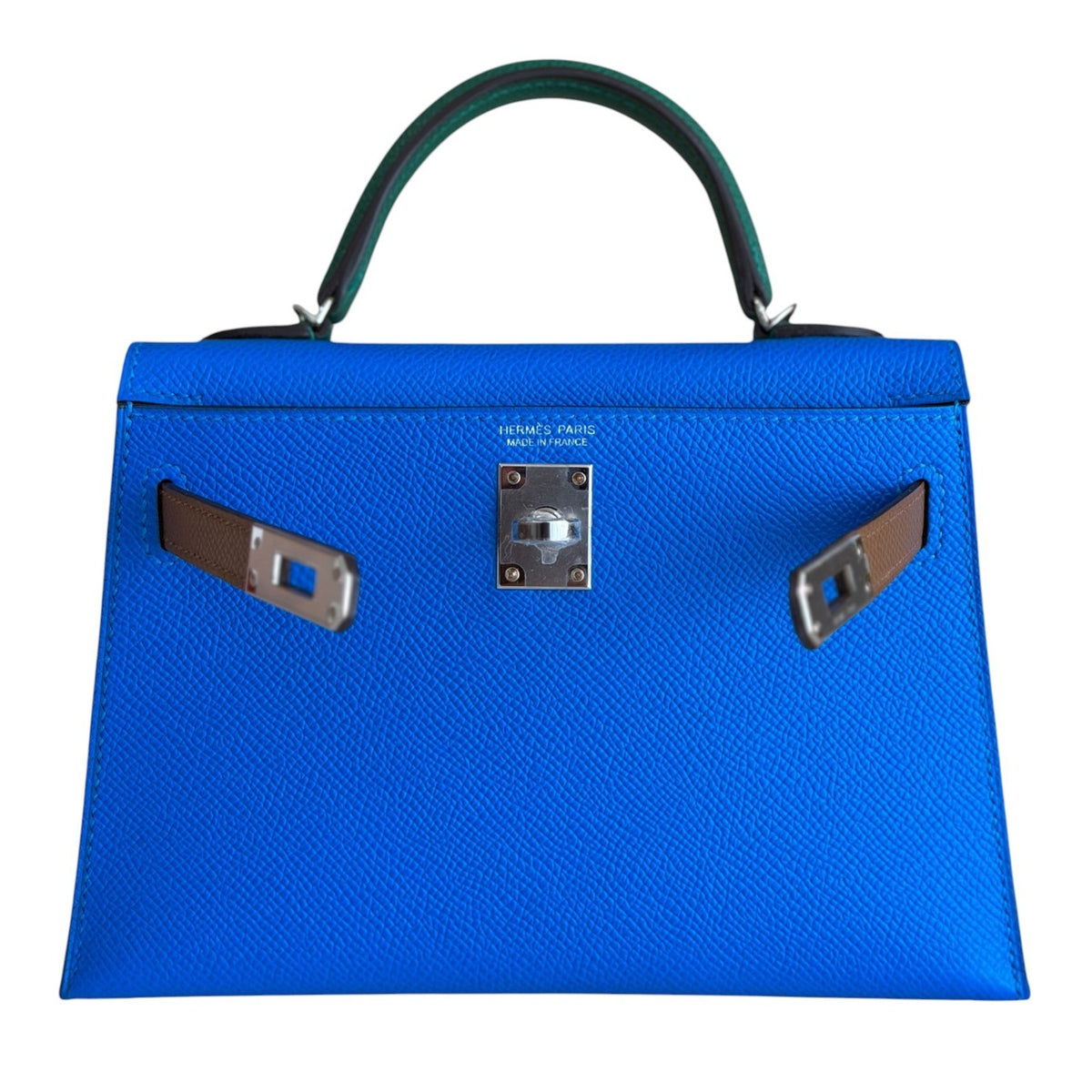 Hermes Mini Kelly Tri Color Blue Hydra, Vert Moyen, Alezan Epsom Palladium